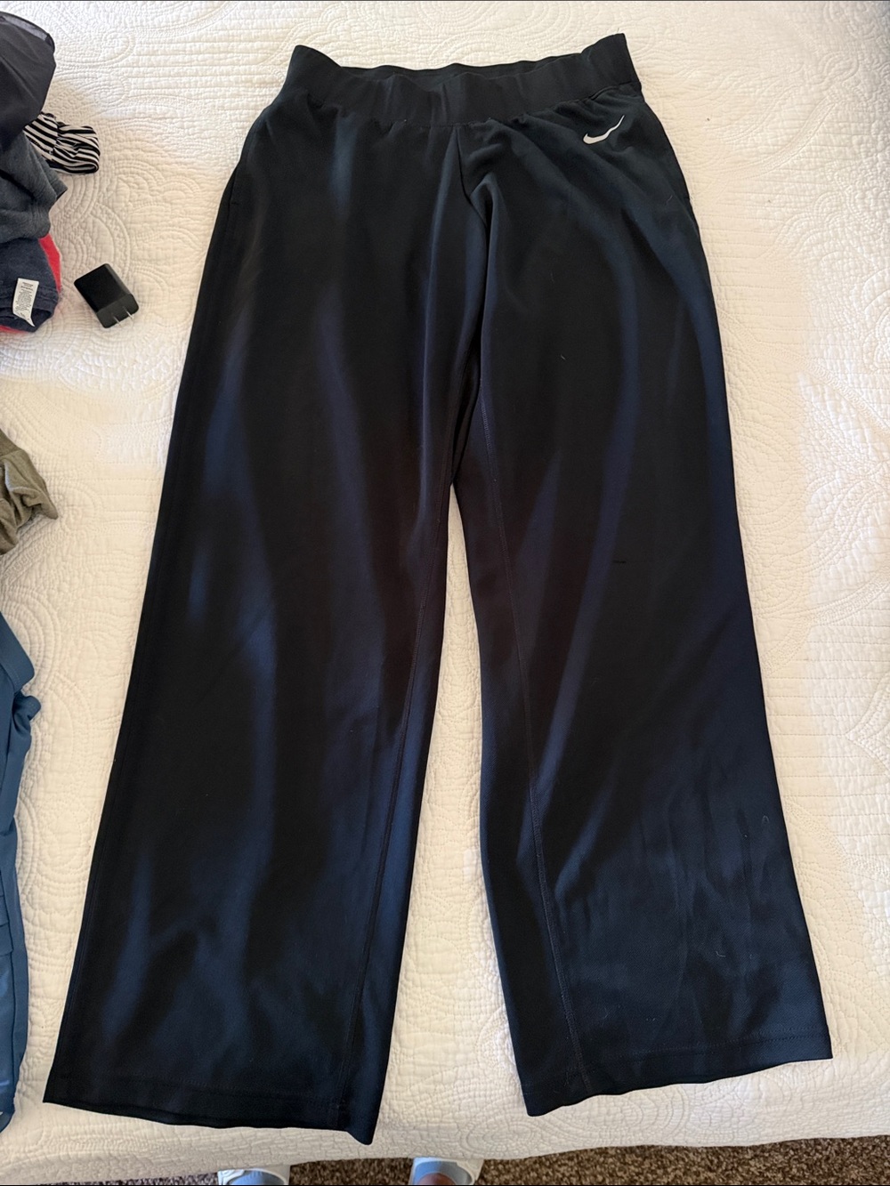 Nike Black Wide-Leg Workout Pants with Silver Swoosh
